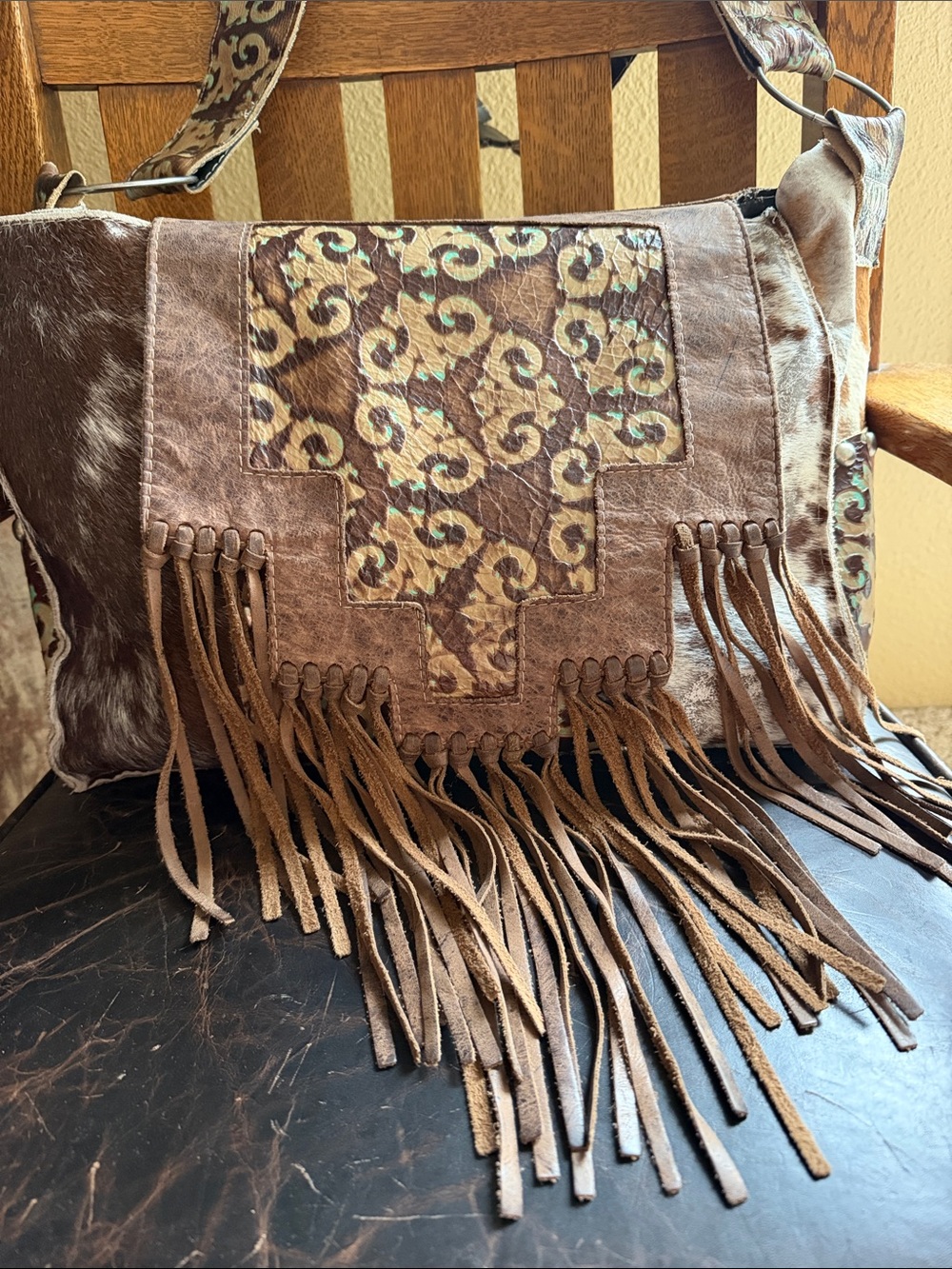 Holy Cow Couture Fringed Brown Leather Crossbody Bag with Patterned Inset